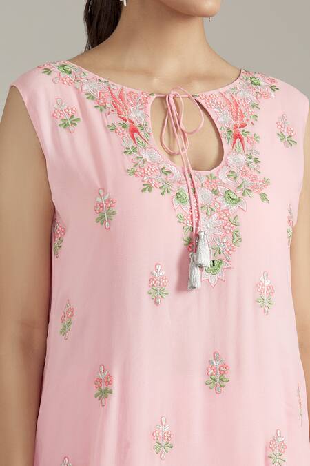 Priyaa_Pink Georgette, Organza Embroidery, Mirrors V-neck Thread Kurta Sharara Set _at_Aza_Fashions