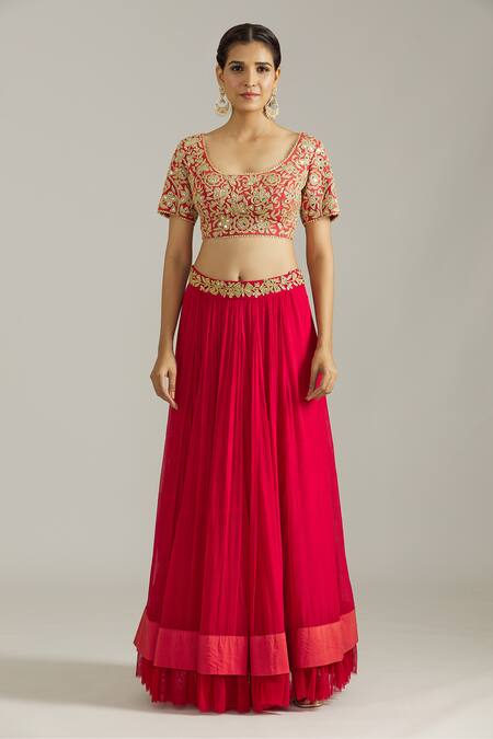 Buy Priyaa Red Silk, Net, Chiffon Sequins, Diamonds, Embroidery Dori Blouse Lehenga Set Online at Aza Fashions Buy_Priyaa_Red Silk, Net, Chiffon Sequins, Diamonds, Embroidery Dori Blouse Lehenga Set _Online_at_Aza_Fashions