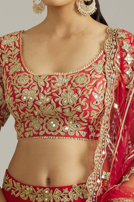 Shop Priyaa Red Silk, Net, Chiffon Sequins, Diamonds, Embroidery Dori Blouse Lehenga Set Online at Aza Fashions Shop_Priyaa_Red Silk, Net, Chiffon Sequins, Diamonds, Embroidery Dori Blouse Lehenga Set _Online_at_Aza_Fashions