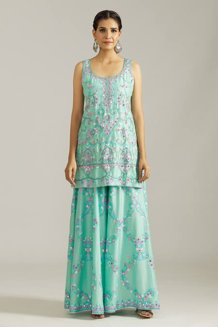 Buy_Priyaa_Green Chanderi Silk, Net Embroidery, Mirrors Thread Floral Kurta Sharara Set _Online_at_Aza_Fashions