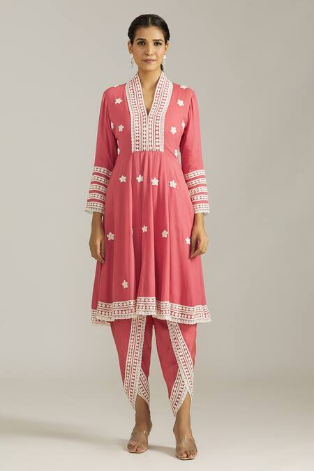 Buy_Priyaa_Coral Georgette, Net Embroidery Dori Thread Short Anarkali Dhoti Pant Set _Online_at_Aza_Fashions