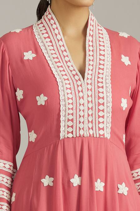 Shop_Priyaa_Coral Georgette, Net Embroidery Dori Thread Short Anarkali Dhoti Pant Set _Online_at_Aza_Fashions