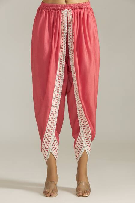 Priyaa_Coral Georgette, Net Embroidery Dori Thread Short Anarkali Dhoti Pant Set _at_Aza_Fashions