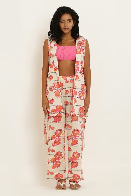 Shop_Kusmi_Cream Handloom Cotton Embroidery Collared Rosette Print Jacket And Pant Set _at_Aza_Fashions