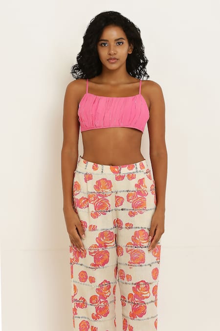 Kusmi_Cream Handloom Cotton Embroidery Collared Rosette Print Jacket And Pant Set _Online_at_Aza_Fashions