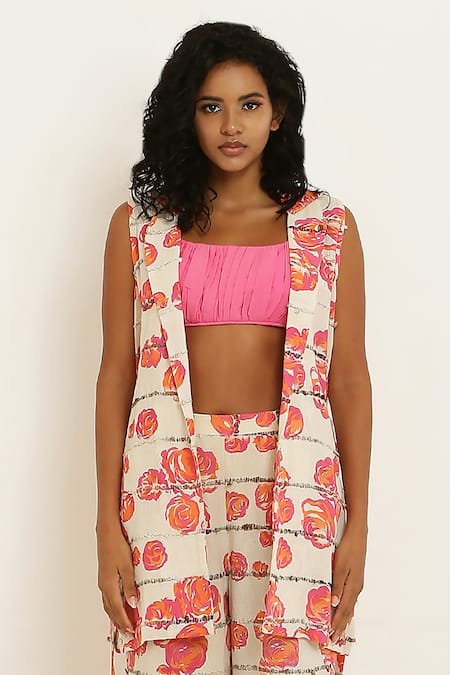 Kusmi Cream Handloom Cotton Embroidery Collared Rosette Print Jacket And Pant Set at Aza Fashions Kusmi_Cream Handloom Cotton Embroidery Collared Rosette Print Jacket And Pant Set _at_Aza_Fashions