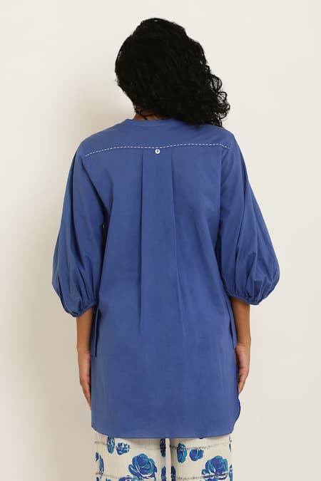 Shop_Kusmi_Blue , Handloom Embroidery Handwoven Shirt With Rosette Print Pant _at_Aza_Fashions