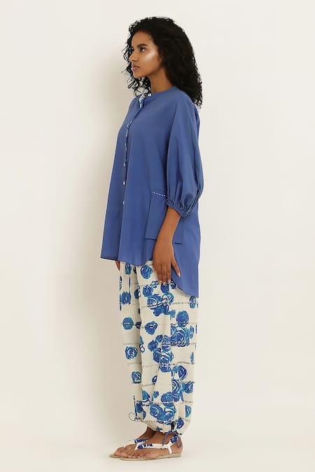Buy_Kusmi_Blue , Handloom Embroidery Handwoven Shirt With Rosette Print Pant _Online_at_Aza_Fashions