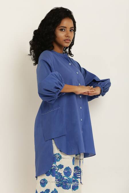 Shop_Kusmi_Blue , Handloom Embroidery Handwoven Shirt With Rosette Print Pant _Online_at_Aza_Fashions