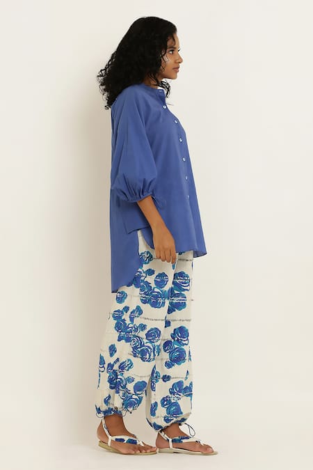 Kusmi_Blue , Handloom Embroidery Handwoven Shirt With Rosette Print Pant _at_Aza_Fashions