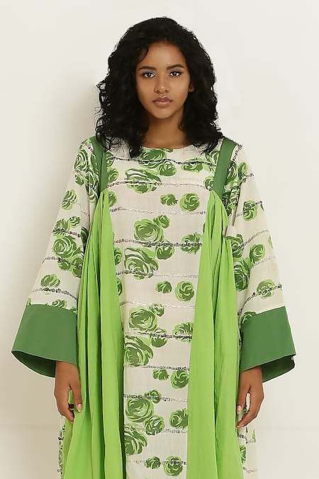 Kusmi Green Cotton Embroidery Round Neck Rosette Print Dress Online at Aza Fashions Kusmi_Green Cotton Embroidery Round Neck Rosette Print Dress _Online_at_Aza_Fashions