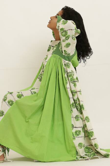 Shop_Kusmi_Green Cotton Embroidery Round Neck Rosette Print Dress _Online_at_Aza_Fashions
