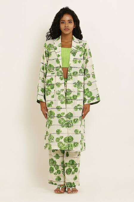 Shop_KUSMI_Green Handwoven Cotton Print Rosette Lapel Collar Cape _at_Aza_Fashions