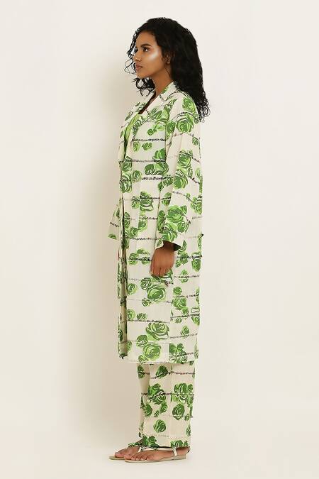 KUSMI_Green Handwoven Cotton Print Rosette Lapel Collar Cape _Online_at_Aza_Fashions