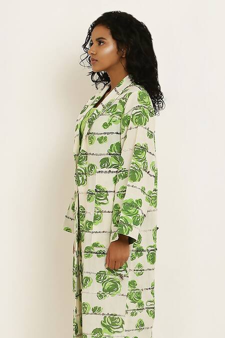 Buy_KUSMI_Green Handwoven Cotton Print Rosette Lapel Collar Cape _Online_at_Aza_Fashions