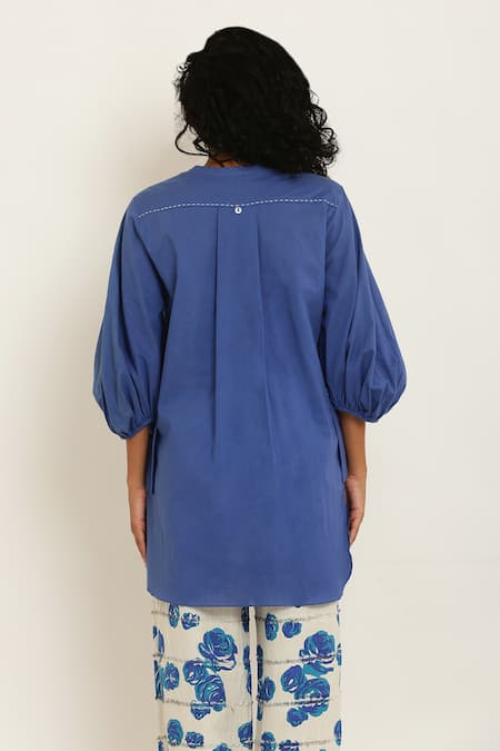 Shop_Kusmi_Blue Cotton Round Neck Puff Sleeve Shirt _at_Aza_Fashions