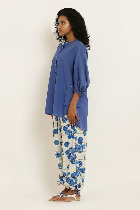 Kusmi_Blue Cotton Round Neck Puff Sleeve Shirt _Online_at_Aza_Fashions