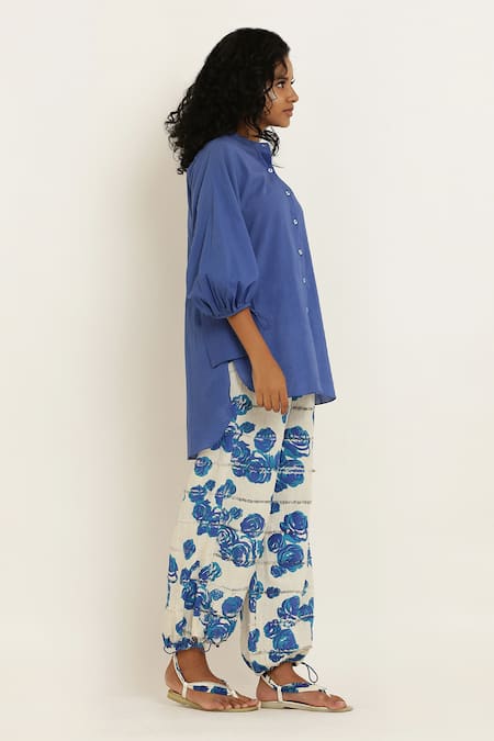 Shop_Kusmi_Blue Cotton Round Neck Puff Sleeve Shirt _Online_at_Aza_Fashions