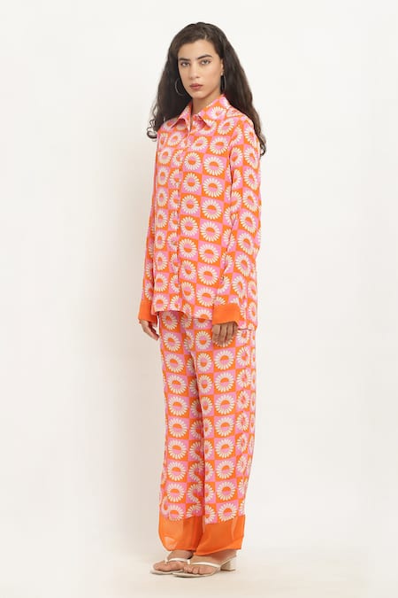 Kusmi_Orange Crepe Embroidery Collared Daisy Print Shirt With Pant _Online_at_Aza_Fashions