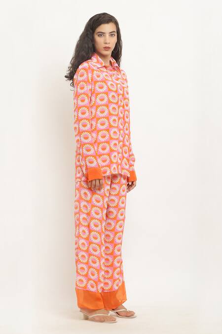 Buy_Kusmi_Orange Crepe Embroidery Collared Daisy Print Shirt With Pant _Online_at_Aza_Fashions