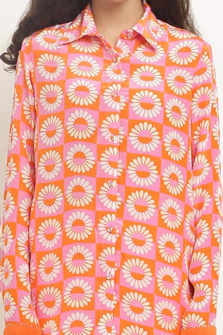 Shop Kusmi Orange Crepe Embroidery Collared Daisy Print Shirt With Pant Online at Aza Fashions Shop_Kusmi_Orange Crepe Embroidery Collared Daisy Print Shirt With Pant _Online_at_Aza_Fashions
