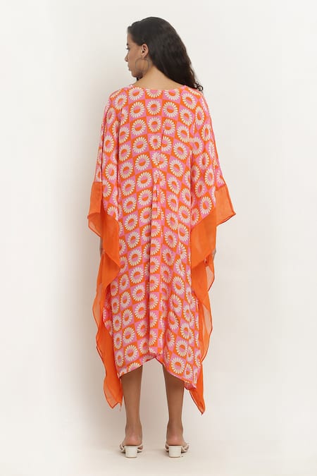 Shop_Kusmi_Orange Crepe Embroidery V-neck Daisy Print Kaftan _at_Aza_Fashions
