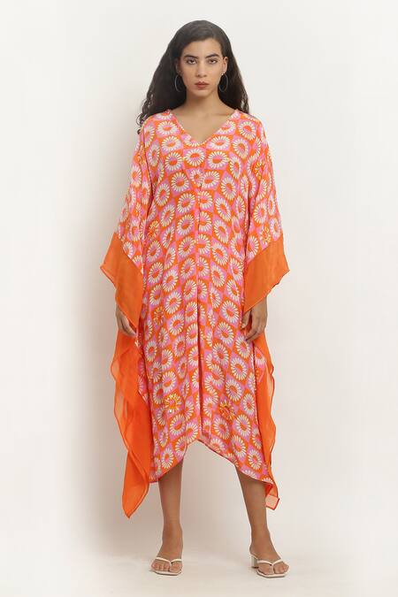 Kusmi_Orange Crepe Embroidery V-neck Daisy Print Kaftan _Online_at_Aza_Fashions