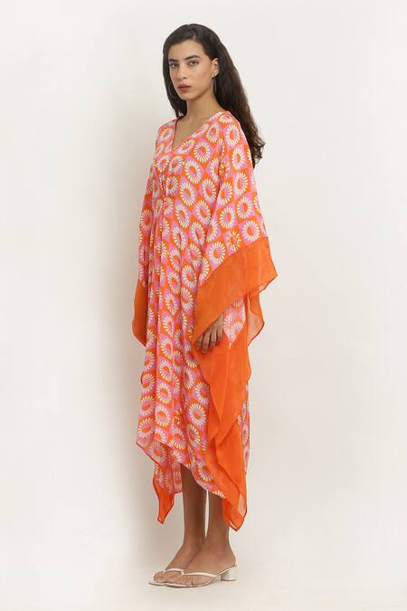 Buy_Kusmi_Orange Crepe Embroidery V-neck Daisy Print Kaftan _Online_at_Aza_Fashions