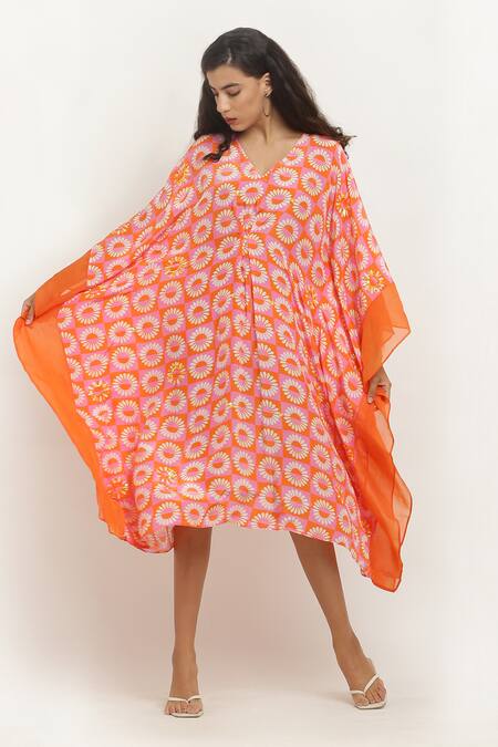 Shop_Kusmi_Orange Crepe Embroidery V-neck Daisy Print Kaftan _Online_at_Aza_Fashions