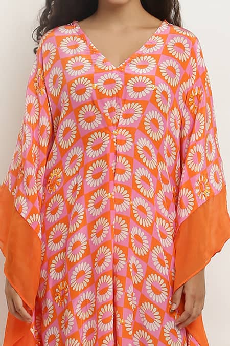 Kusmi Orange Crepe Embroidery V-neck Daisy Print Kaftan at Aza Fashions Kusmi_Orange Crepe Embroidery V-neck Daisy Print Kaftan _at_Aza_Fashions