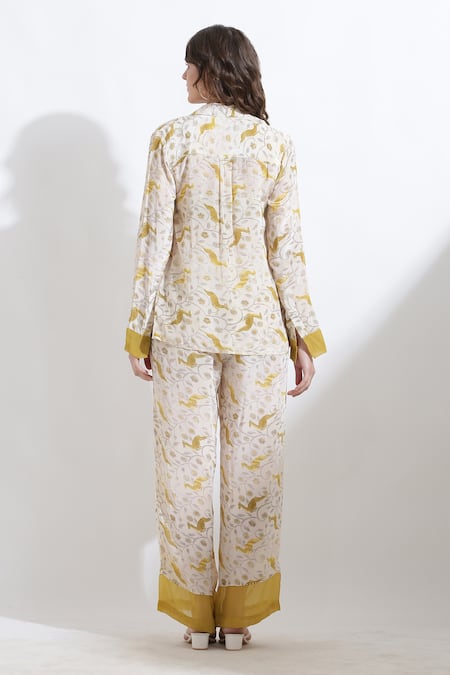 Shop_Kusmi_Beige Crepe Embroidery Collared Reindeer And Floral Print Shirt With Pant _at_Aza_Fashions