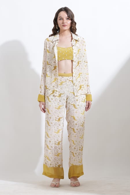 Kusmi_Beige Crepe Embroidery Collared Reindeer And Floral Print Shirt With Pant _Online_at_Aza_Fashions