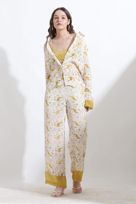 Shop_Kusmi_Beige Crepe Embroidery Collared Reindeer And Floral Print Shirt With Pant _Online_at_Aza_Fashions