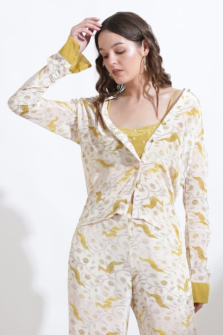 Kusmi_Beige Crepe Embroidery Collared Reindeer And Floral Print Shirt With Pant _at_Aza_Fashions