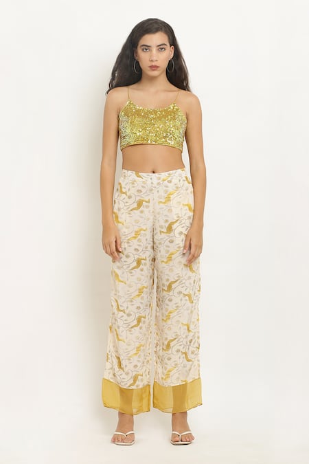 Kusmi_Yellow Crepe Sequins Scoop Neck Reindeer And Floral Print Cape & Pant Set _Online_at_Aza_Fashions