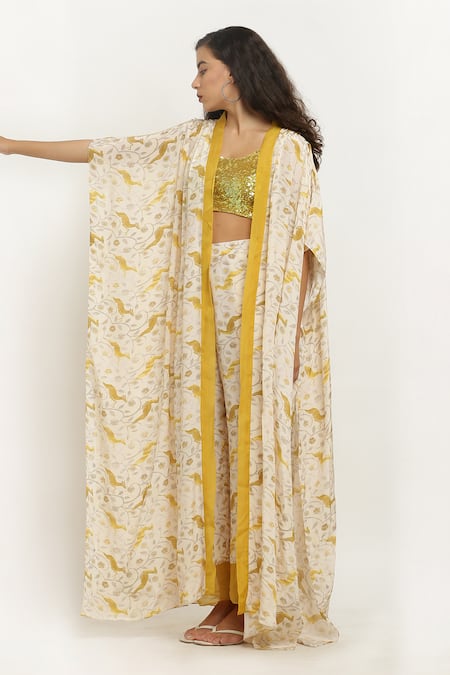 Buy_Kusmi_Yellow Crepe Sequins Scoop Neck Reindeer And Floral Print Cape & Pant Set _Online_at_Aza_Fashions