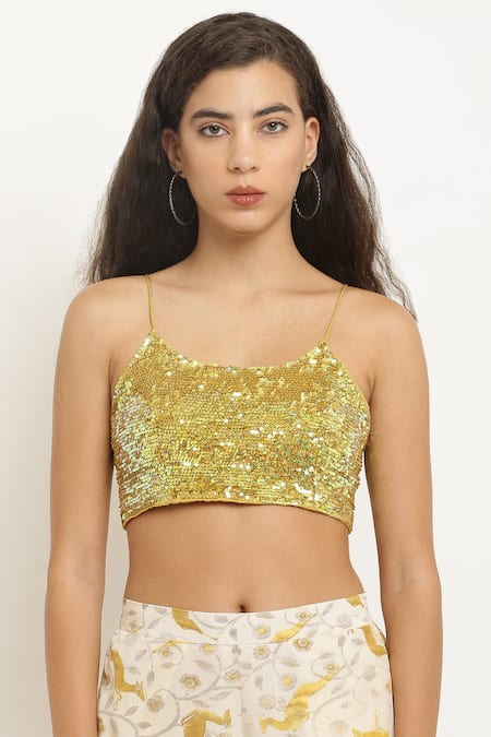 Shop_Kusmi_Yellow Crepe Sequins Scoop Neck Reindeer And Floral Print Cape & Pant Set _Online_at_Aza_Fashions