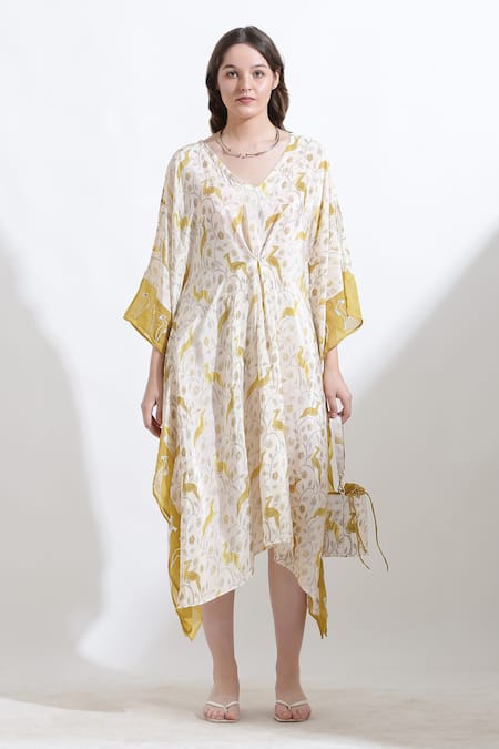 Kusmi_Yellow Crepe Embroidery V-neck Rooh Reindeer Print Kaftan _Online_at_Aza_Fashions