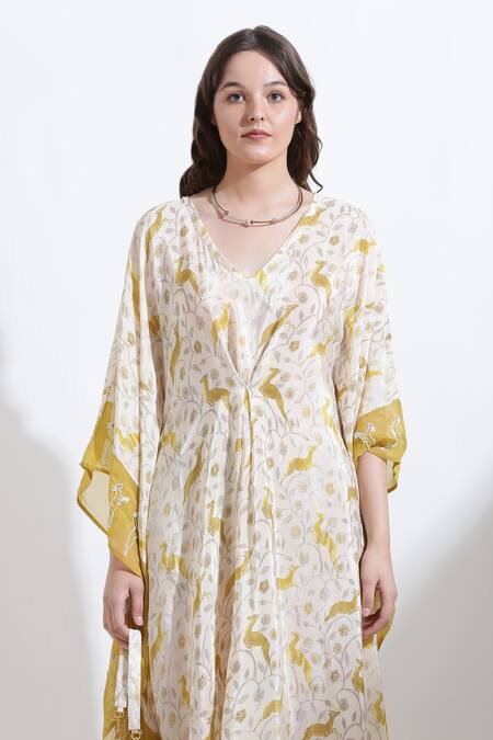 Buy_Kusmi_Yellow Crepe Embroidery V-neck Rooh Reindeer Print Kaftan _Online_at_Aza_Fashions