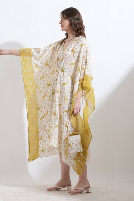 Shop_Kusmi_Yellow Crepe Embroidery V-neck Rooh Reindeer Print Kaftan _Online_at_Aza_Fashions