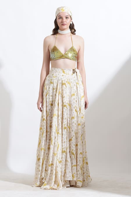 Kusmi_Yellow Crepe Rooh Reindeer Print Skirt _Online_at_Aza_Fashions