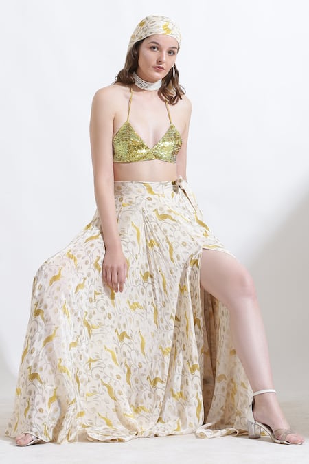 Buy_Kusmi_Yellow Crepe Rooh Reindeer Print Skirt _Online_at_Aza_Fashions