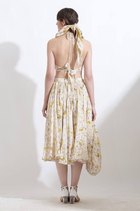 Shop_Kusmi_Yellow Crepe Rooh Reindeer Print Midi Skirt _at_Aza_Fashions