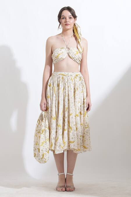 Kusmi_Yellow Crepe Rooh Reindeer Print Midi Skirt _Online_at_Aza_Fashions