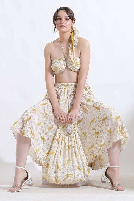 Buy_Kusmi_Yellow Crepe Rooh Reindeer Print Midi Skirt _Online_at_Aza_Fashions