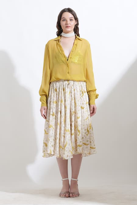Shop_Kusmi_Yellow Crepe Rooh Reindeer Print Midi Skirt _Online_at_Aza_Fashions