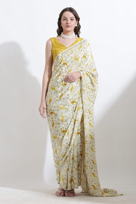 KUSMI Rooh Reindeer Print Saree With Unstitched Blouse Fabric 