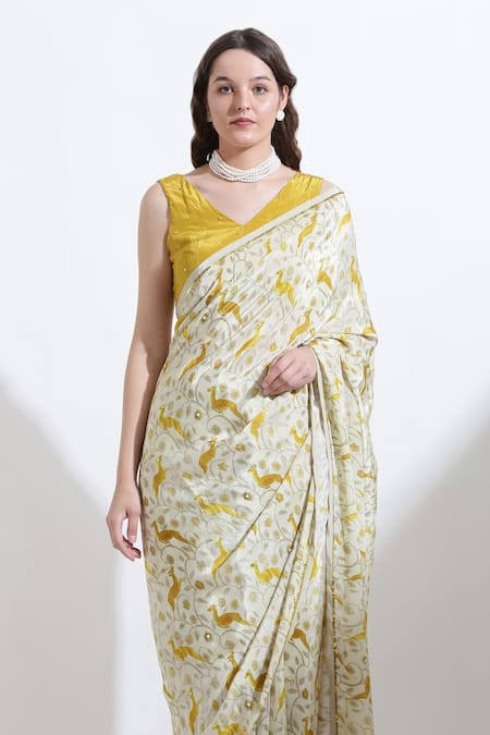 Kusmi_Yellow Crepe Pearls Rooh Reindeer Print Saree With Unstitched Blouse Fabric _Online_at_Aza_Fashions