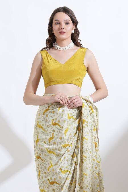 Buy_Kusmi_Yellow Crepe Pearls Rooh Reindeer Print Saree With Unstitched Blouse Fabric _Online_at_Aza_Fashions