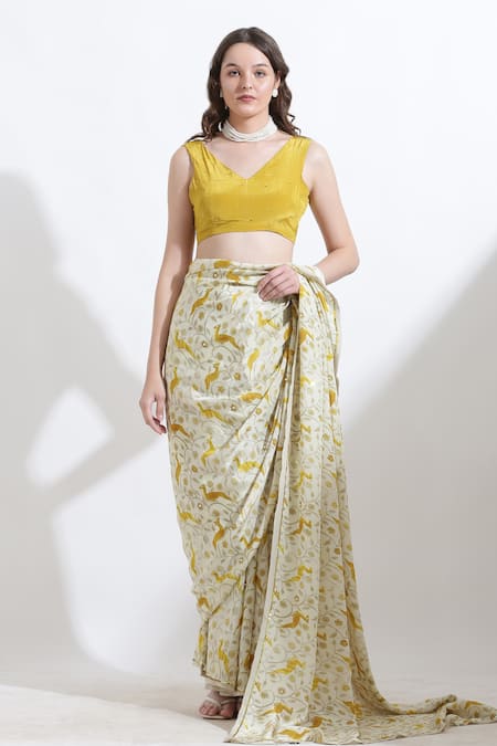 Shop_Kusmi_Yellow Crepe Pearls Rooh Reindeer Print Saree With Unstitched Blouse Fabric _Online_at_Aza_Fashions